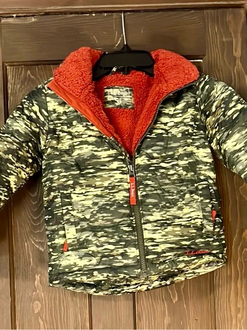 L.L. Bean Kids' Reversible Camo Puffer Jacket with Blood Orange Sherpa Lining